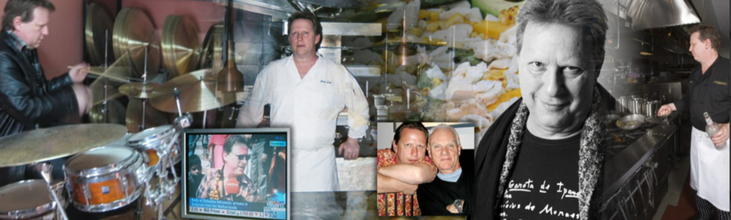 Chef and Percussionist Alan Lake Photo Montage Including Drumming, Cooking, and Food