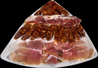 Carne on a triangle platter
Jamon Serrano, Parma Prosciutto,
Mild Chorizo, Spicy Chorizo