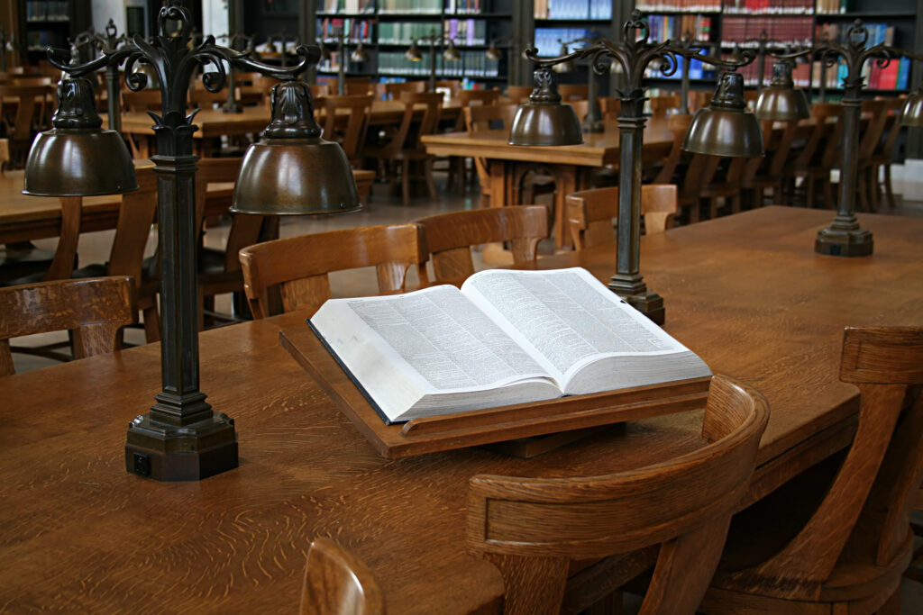 Dictionary open inside of an old fashioned library.