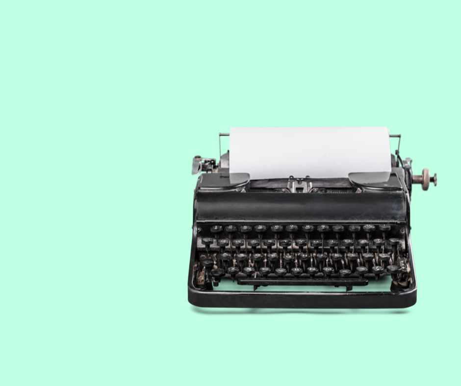 Old fashioned black typewriter with a piece of paper on a light green blue background.