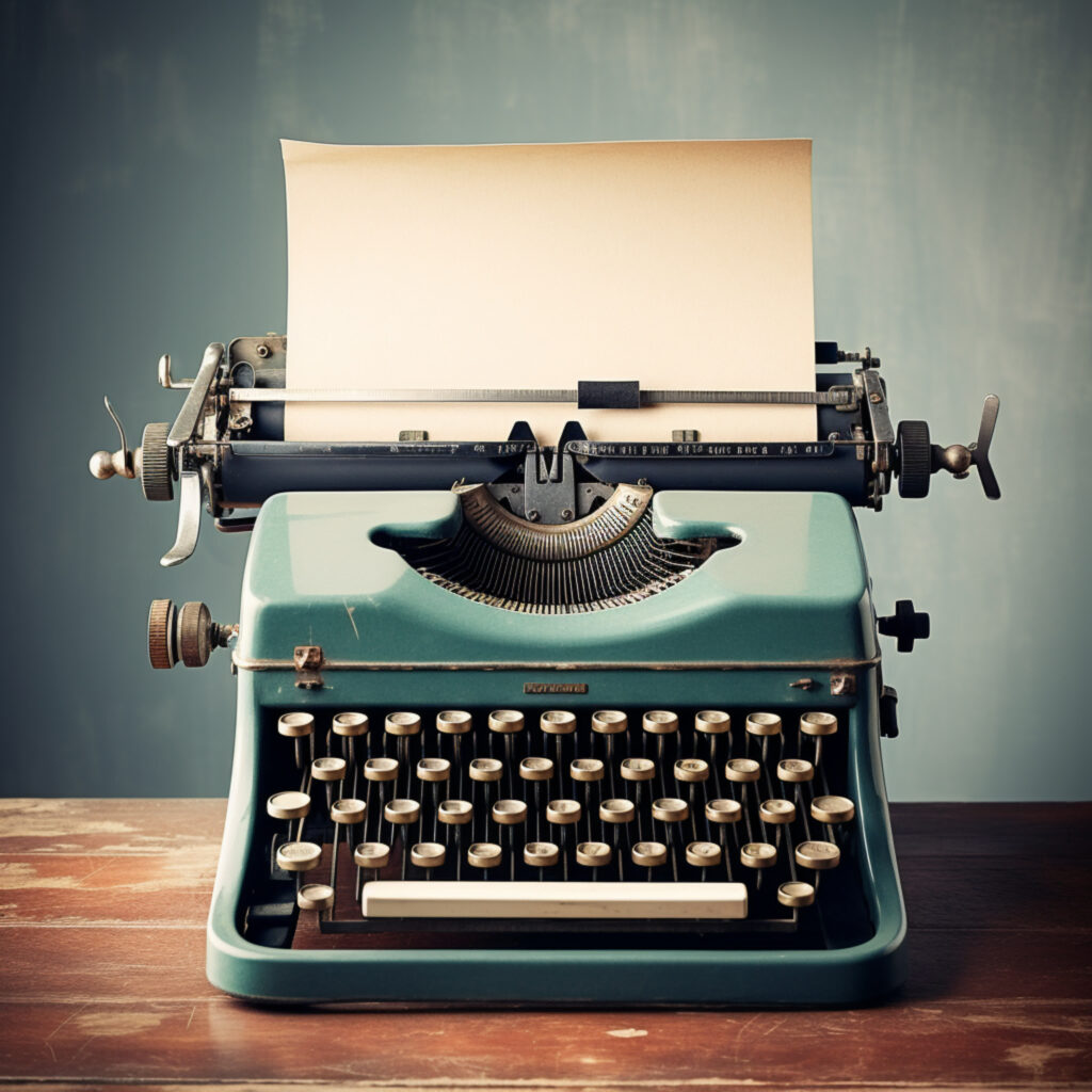 Vintage blue typewriter with antique looking typing paper and antique blue background