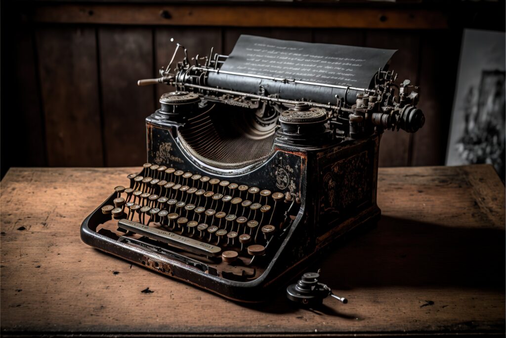 an old fashioned typewriter sitting on a table with a wooden background and a wooden paneled wall behind it, with a key and a pen resting on the side of the old typewriter.