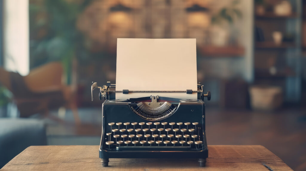 blank sheet of paper inserted into an old fashioned black typewriter, blurred room background