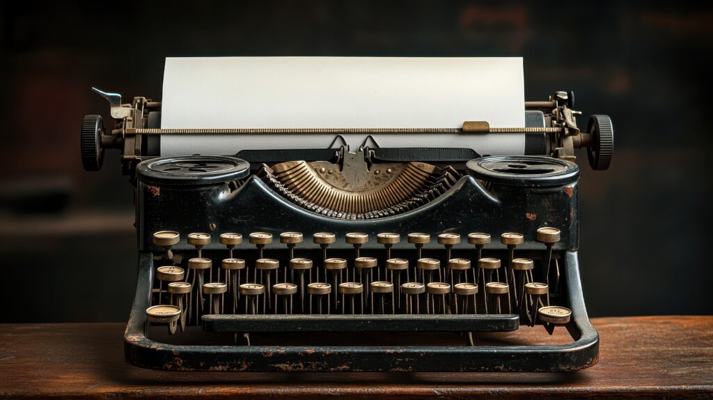 An old fashioned typewriter with a white sheet of paper. The typewriter is black and has a vintage look